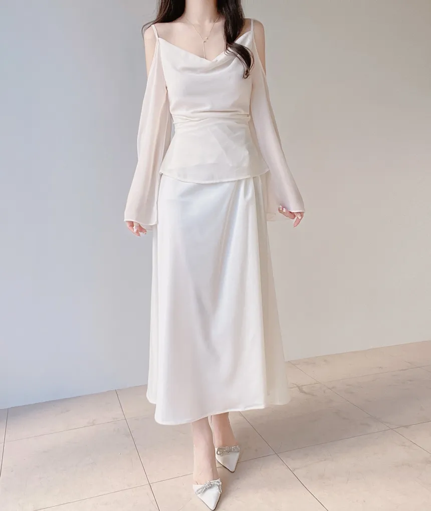 長袖オープンショルダードレープベルスリーブバックリボンブラウスストラップ付 | mirangmirang | 詳細画像14