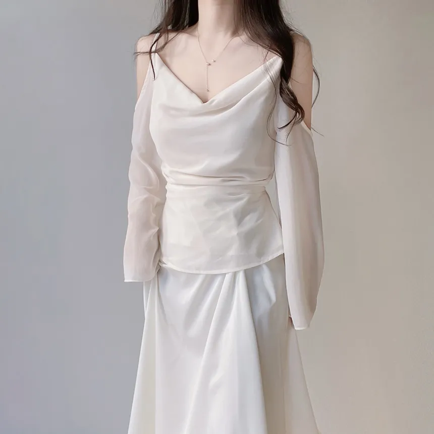 長袖オープンショルダードレープベルスリーブバックリボンブラウスストラップ付 | mirangmirang | 詳細画像19