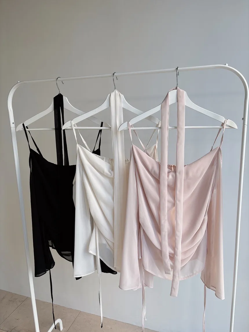 長袖オープンショルダードレープベルスリーブバックリボンブラウスストラップ付 | mirangmirang | 詳細画像20