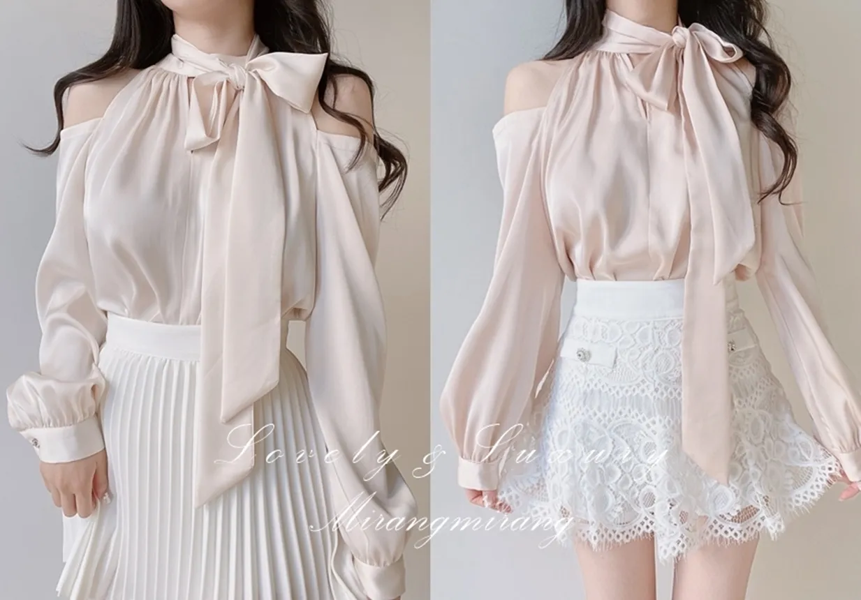 長袖ホルターネックオープンショルダーシャーリングブラウスストラップ付 | mirangmirang | 詳細画像1