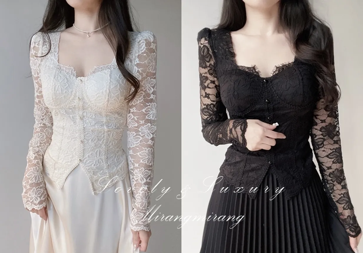 レースフェイクボタン長袖スリム花柄ブラウスカップ付 | mirangmirang | 詳細画像1