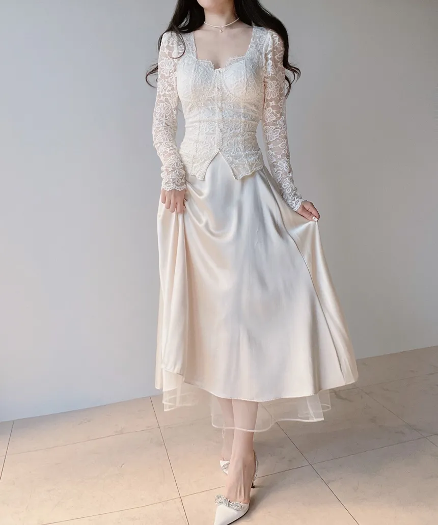 レースフェイクボタン長袖スリム花柄ブラウスカップ付 | mirangmirang | 詳細画像6