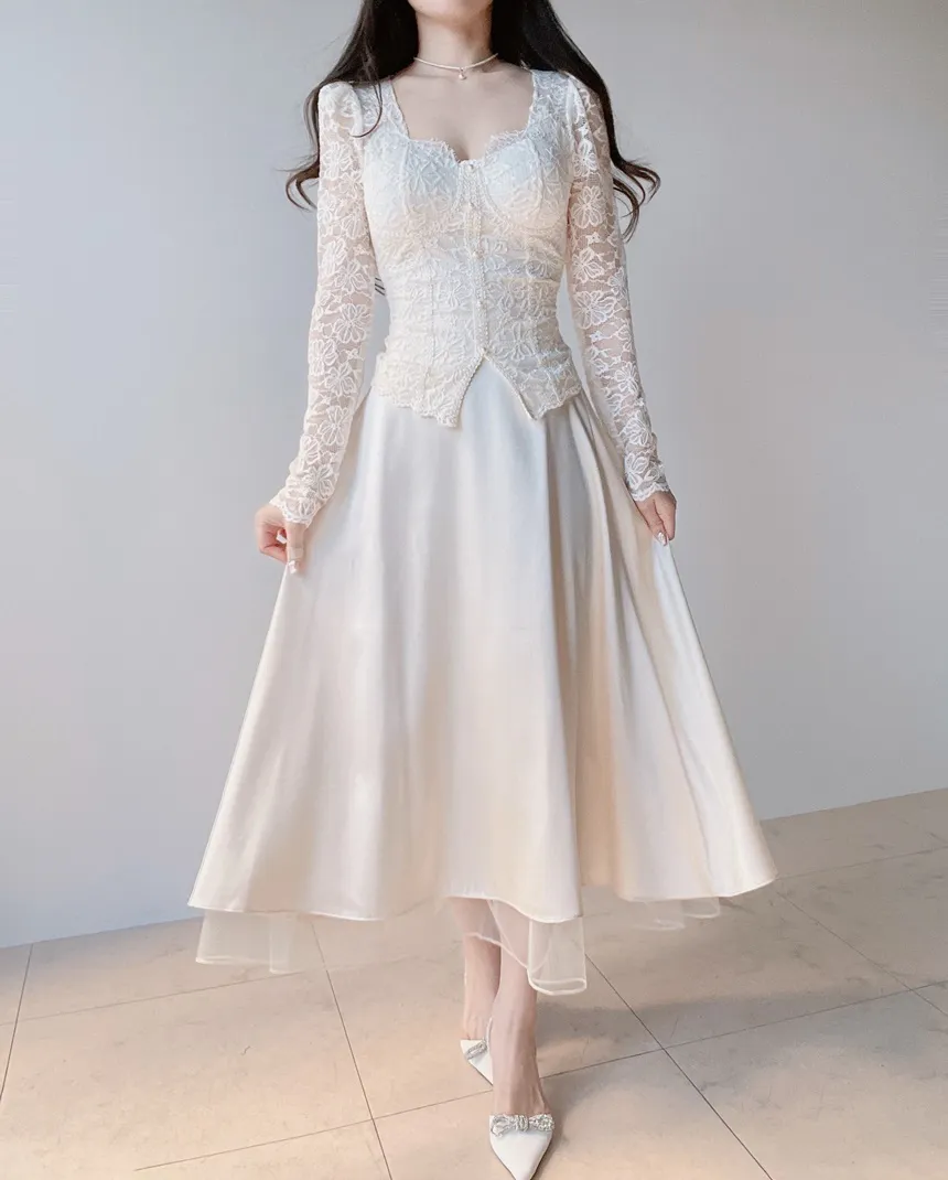 レースフェイクボタン長袖スリム花柄ブラウスカップ付 | mirangmirang | 詳細画像7