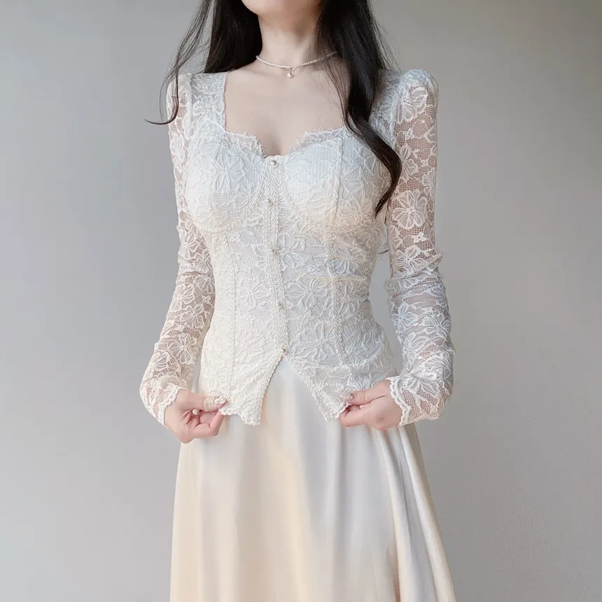 レースフェイクボタン長袖スリム花柄ブラウスカップ付 | mirangmirang | 詳細画像9