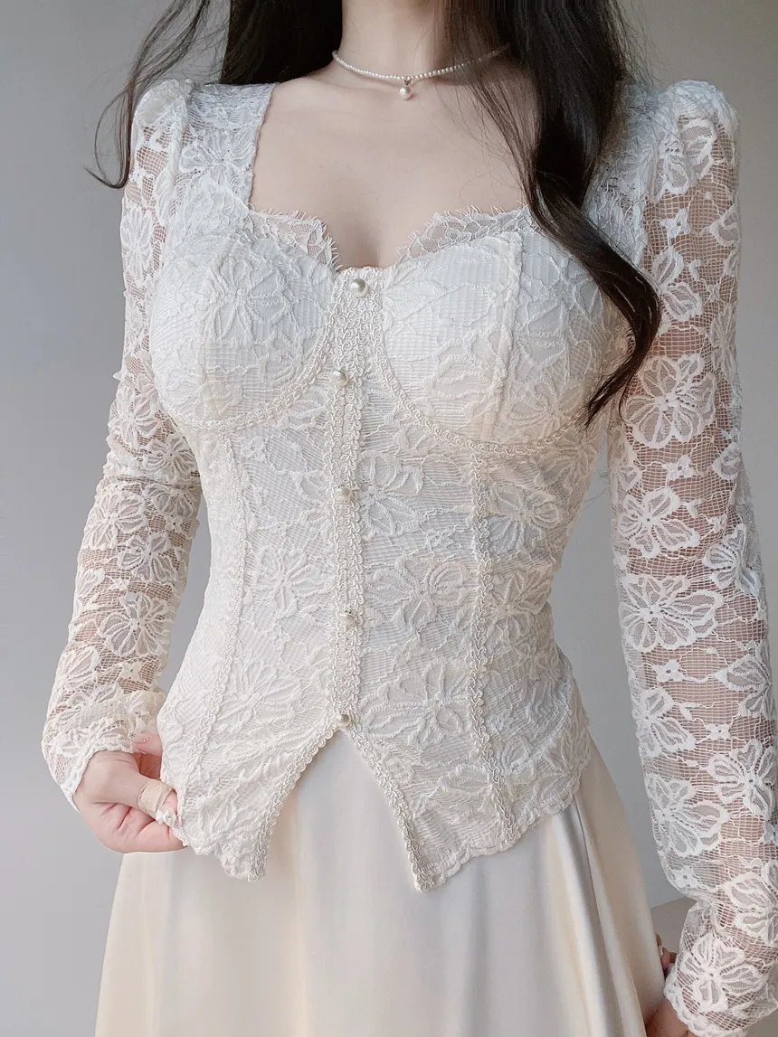 レースフェイクボタン長袖スリム花柄ブラウスカップ付 | mirangmirang | 詳細画像10