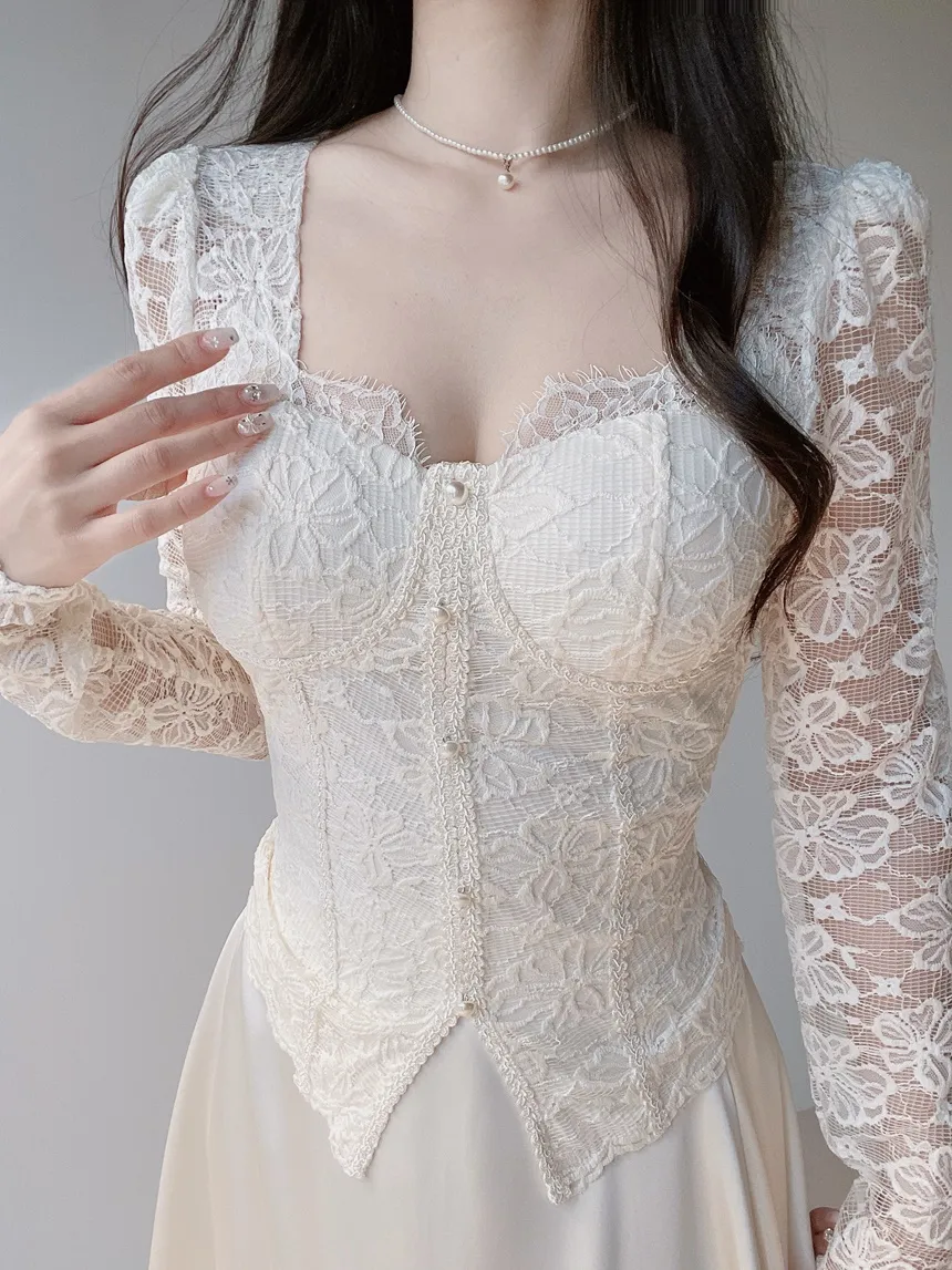 レースフェイクボタン長袖スリム花柄ブラウスカップ付 | mirangmirang | 詳細画像11