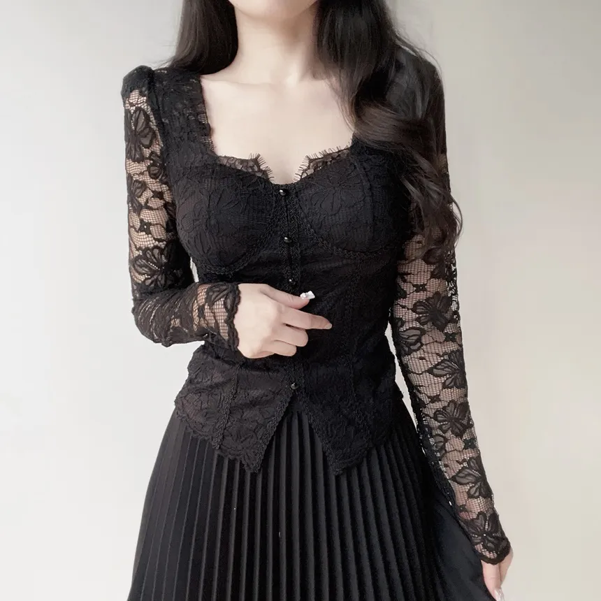 レースフェイクボタン長袖スリム花柄ブラウスカップ付 | mirangmirang | 詳細画像13