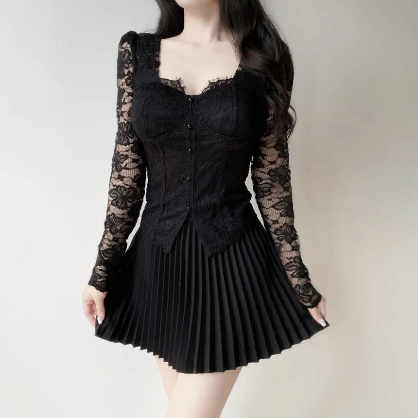 レースフェイクボタン長袖スリム花柄ブラウスカップ付 | mirangmirang | 詳細画像15