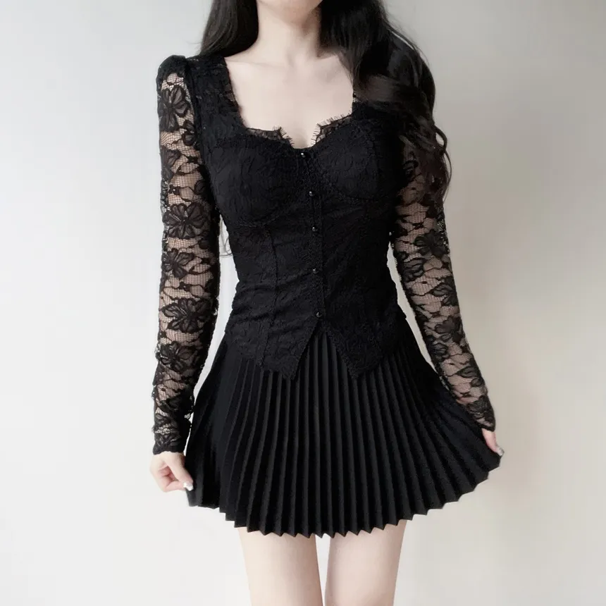 レースフェイクボタン長袖スリム花柄ブラウスカップ付 | mirangmirang | 詳細画像17