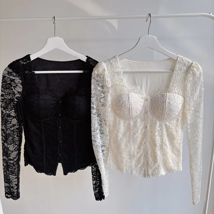 レースフェイクボタン長袖スリム花柄ブラウスカップ付 | mirangmirang | 詳細画像18