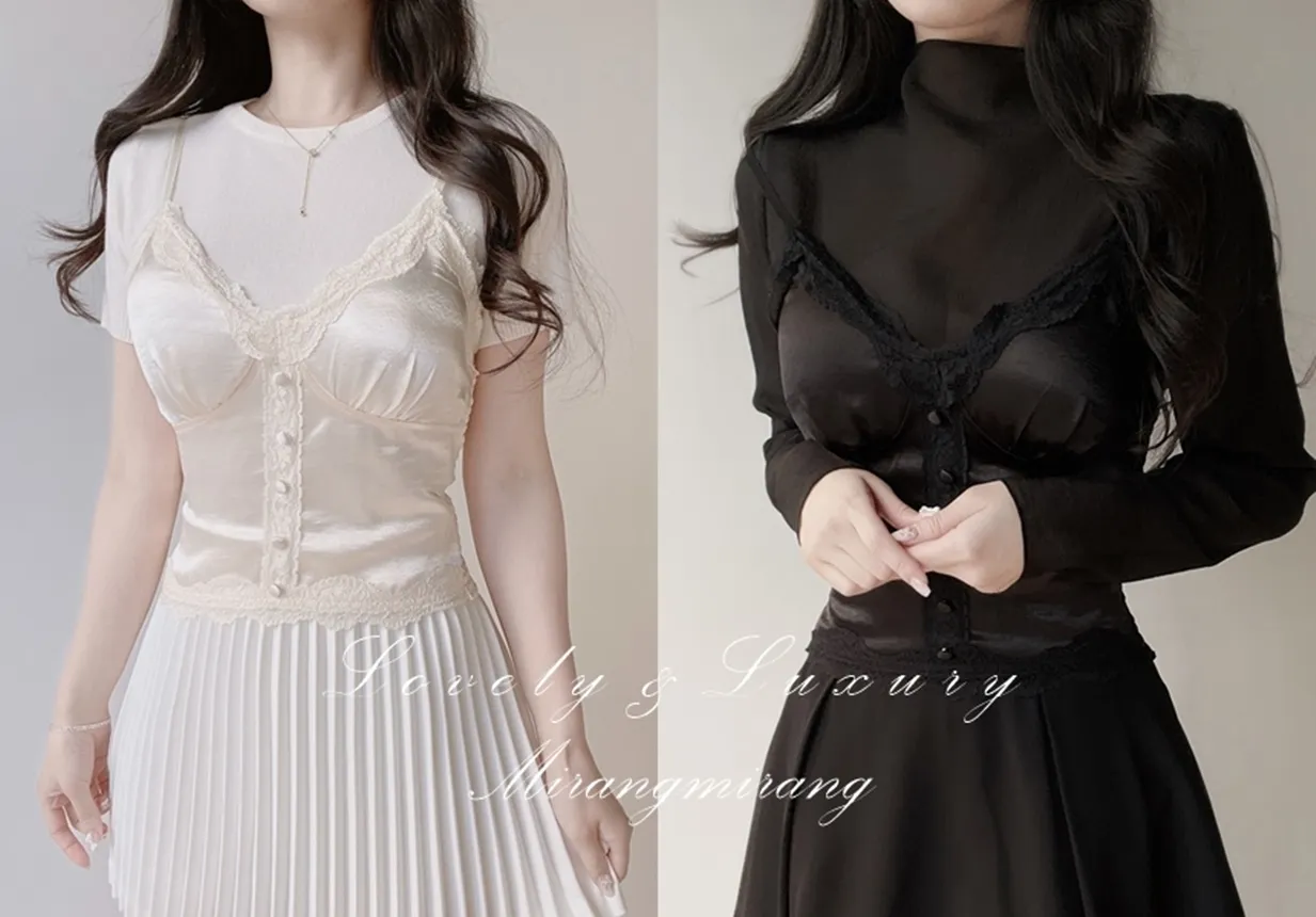 レースシルキーフェイクボタンシャーリングビスチェキャミブラウス | mirangmirang | 詳細画像1