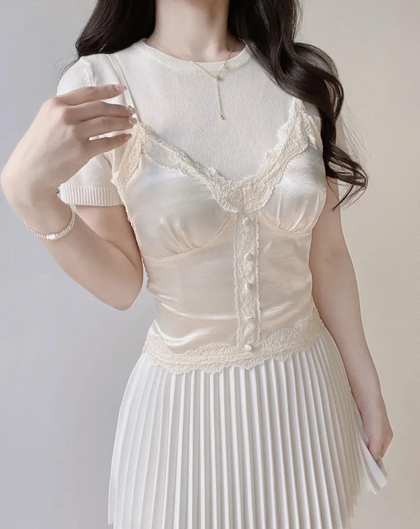 レースシルキーフェイクボタンシャーリングビスチェキャミブラウス | mirangmirang | 詳細画像4