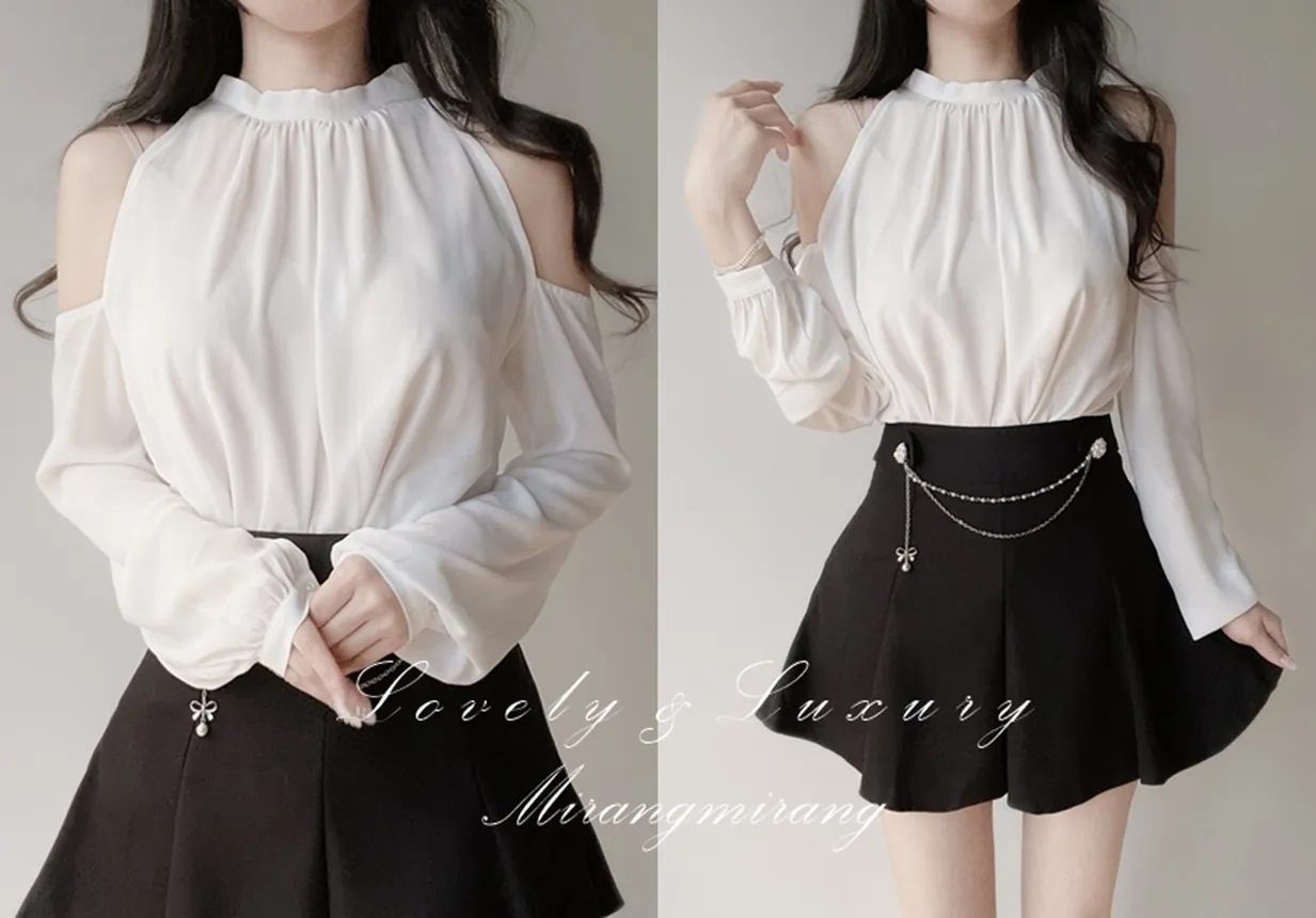 ホルターネックシャーリング長袖オープンショルダーブラウス | mirangmirang | 詳細画像1