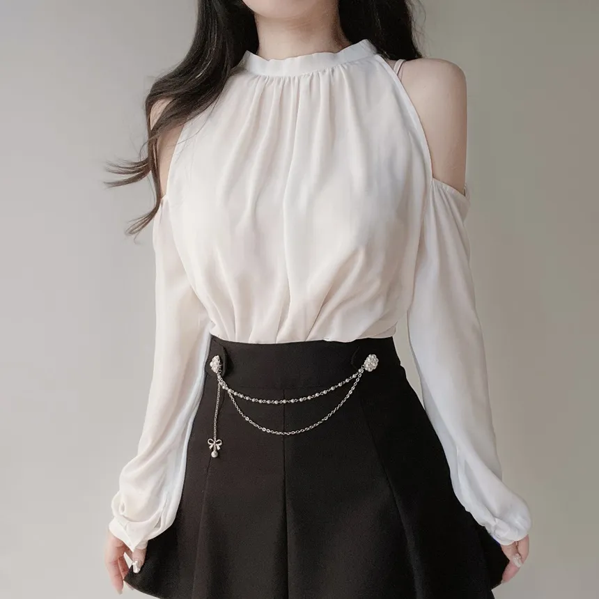 ホルターネックシャーリング長袖オープンショルダーブラウス | mirangmirang | 詳細画像3