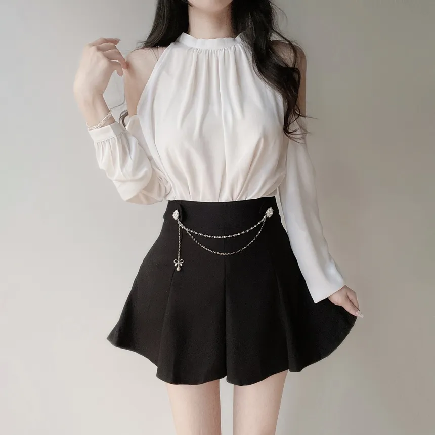 ホルターネックシャーリング長袖オープンショルダーブラウス | mirangmirang | 詳細画像4