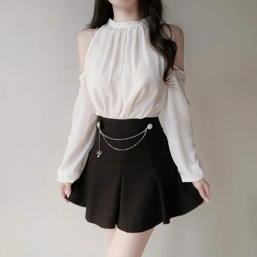 ホルターネックシャーリング長袖オープンショルダーブラウス | mirangmirang | 詳細画像5