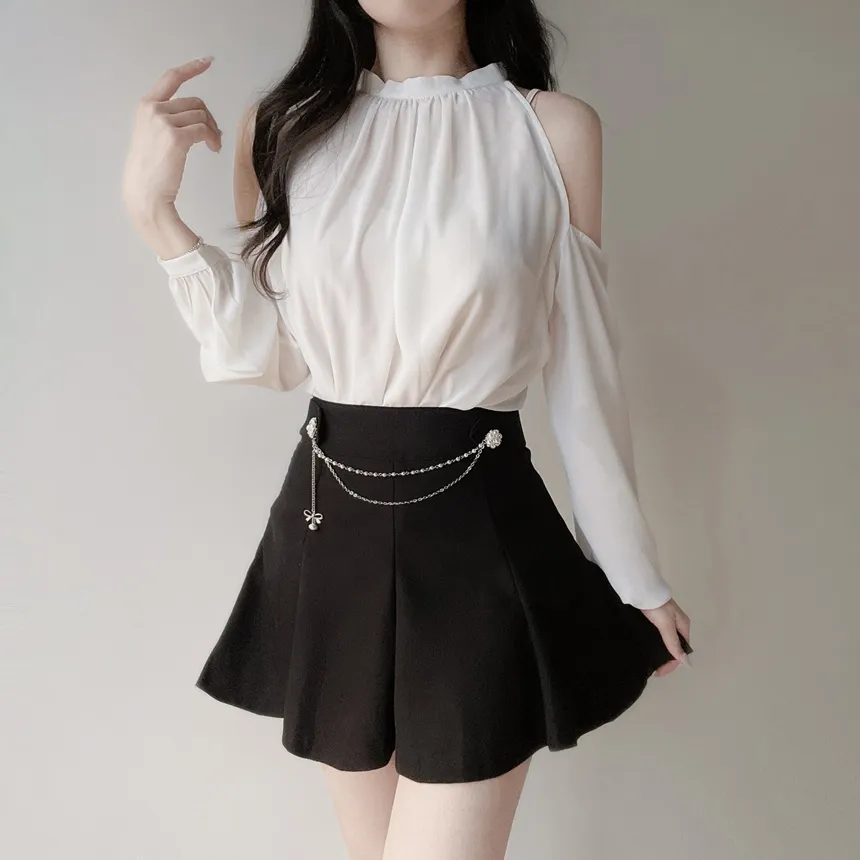 ホルターネックシャーリング長袖オープンショルダーブラウス | mirangmirang | 詳細画像7