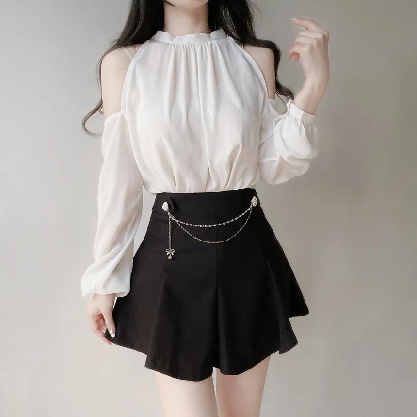 ホルターネックシャーリング長袖オープンショルダーブラウス | mirangmirang | 詳細画像8