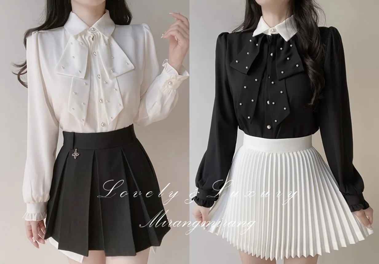 エコパールボウタイカラーパフスリーブパール調ボタン長袖シャーリングブラウス | mirangmirang | 詳細画像1