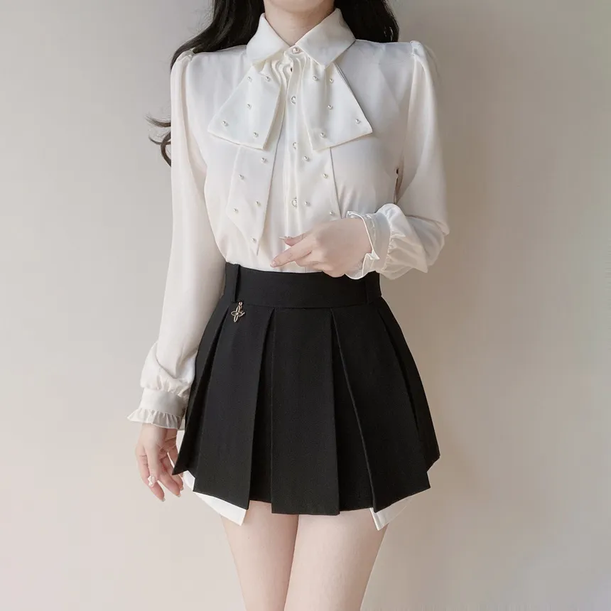 エコパールボウタイカラーパフスリーブパール調ボタン長袖シャーリングブラウス | mirangmirang | 詳細画像4