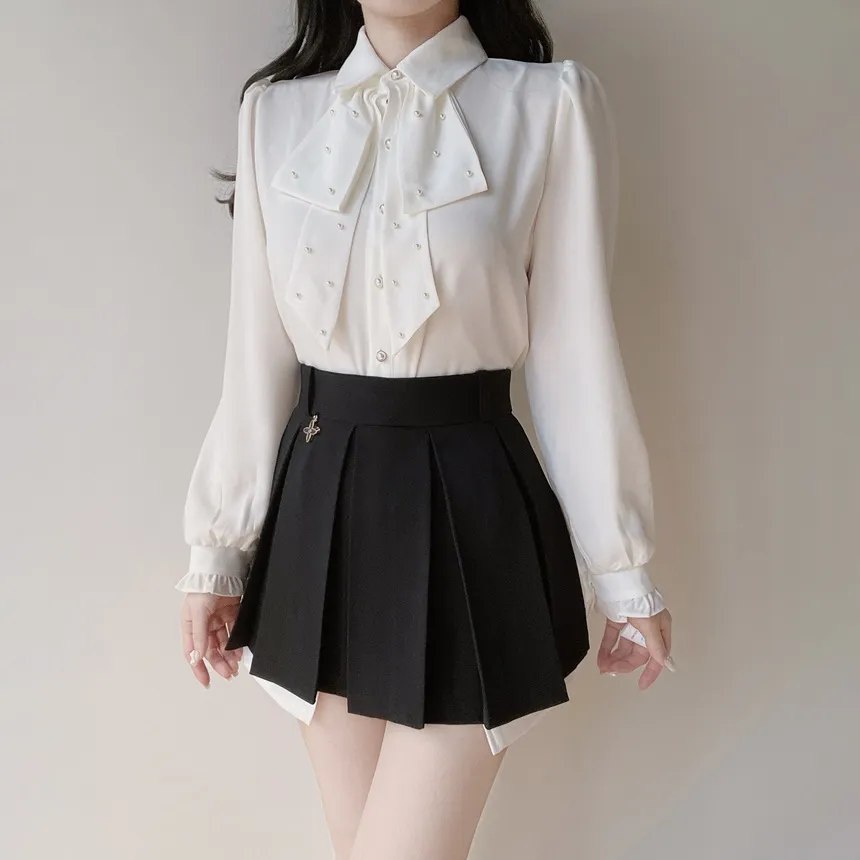 エコパールボウタイカラーパフスリーブパール調ボタン長袖シャーリングブラウス | mirangmirang | 詳細画像5