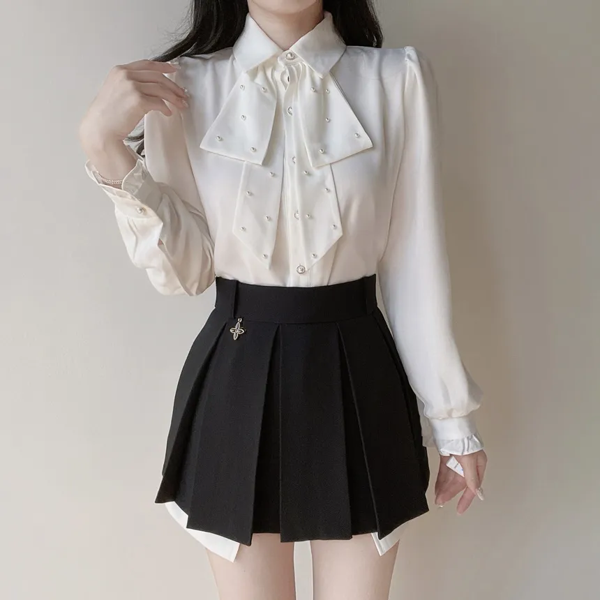 エコパールボウタイカラーパフスリーブパール調ボタン長袖シャーリングブラウス | mirangmirang | 詳細画像9