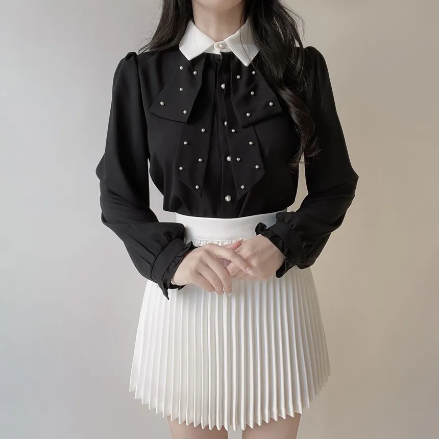 エコパールボウタイカラーパフスリーブパール調ボタン長袖シャーリングブラウス | mirangmirang | 詳細画像10