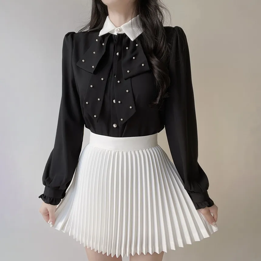 エコパールボウタイカラーパフスリーブパール調ボタン長袖シャーリングブラウス | mirangmirang | 詳細画像11