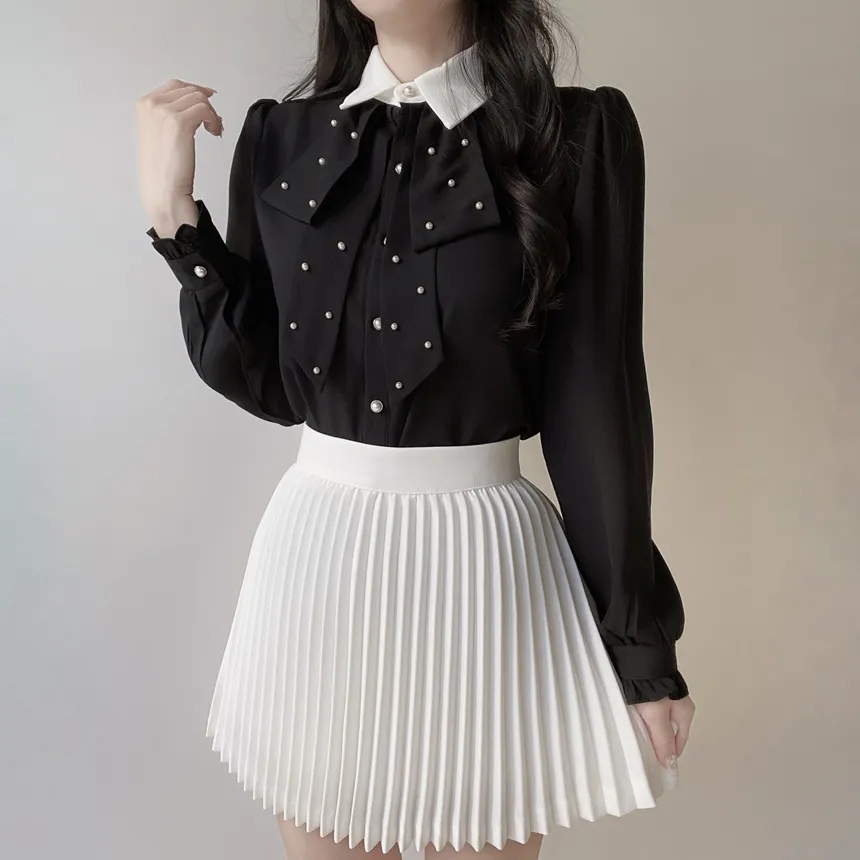 エコパールボウタイカラーパフスリーブパール調ボタン長袖シャーリングブラウス | mirangmirang | 詳細画像12