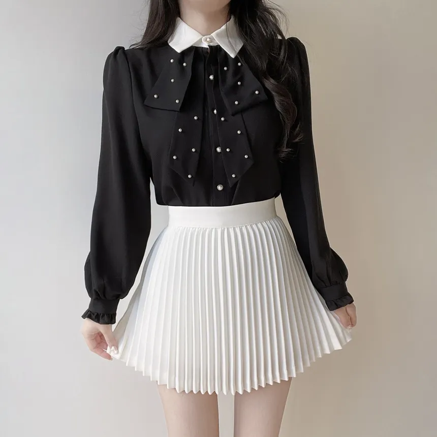 エコパールボウタイカラーパフスリーブパール調ボタン長袖シャーリングブラウス | mirangmirang | 詳細画像13