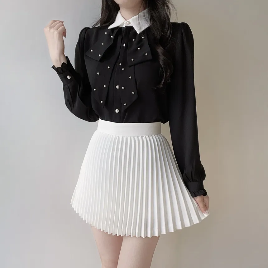 エコパールボウタイカラーパフスリーブパール調ボタン長袖シャーリングブラウス | mirangmirang | 詳細画像15