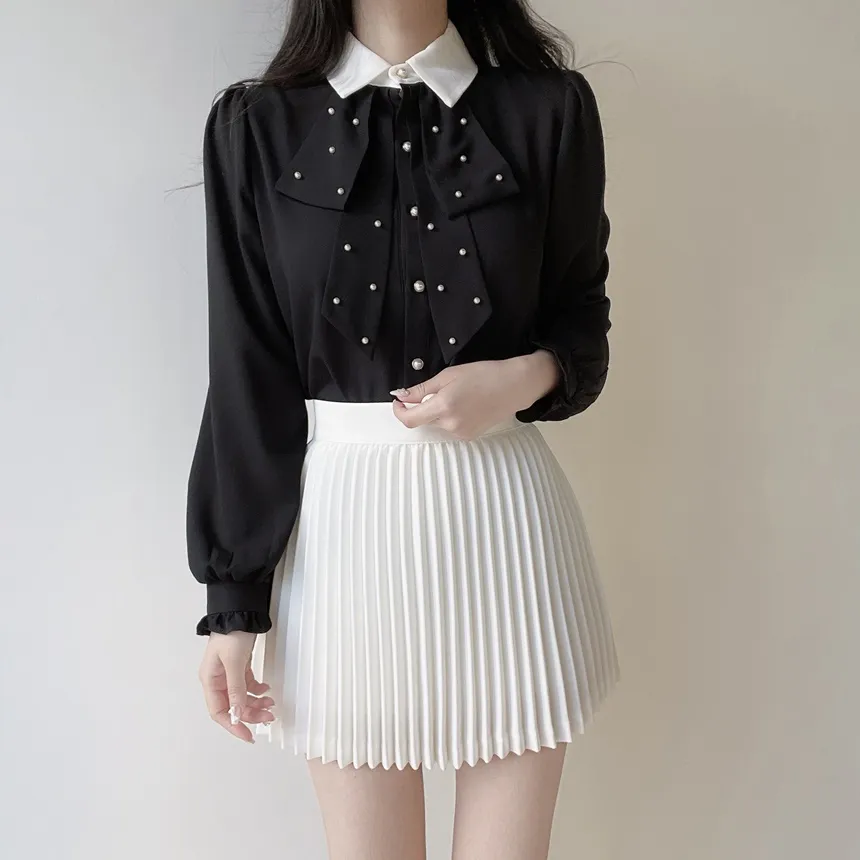 エコパールボウタイカラーパフスリーブパール調ボタン長袖シャーリングブラウス | mirangmirang | 詳細画像16