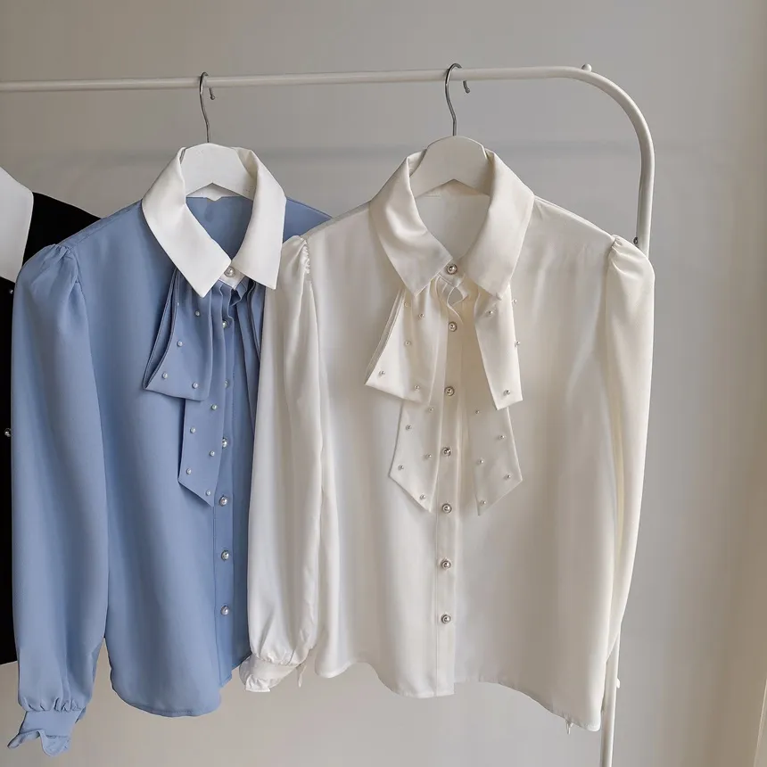 エコパールボウタイカラーパフスリーブパール調ボタン長袖シャーリングブラウス | mirangmirang | 詳細画像18