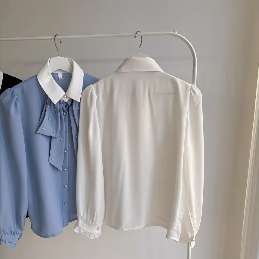 エコパールボウタイカラーパフスリーブパール調ボタン長袖シャーリングブラウス | mirangmirang | 詳細画像19