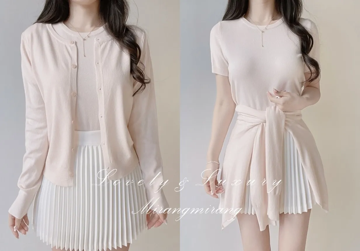 ラウンドネックベーシック半袖無地アンサンブルカーディガンニット | mirangmirang | 詳細画像1