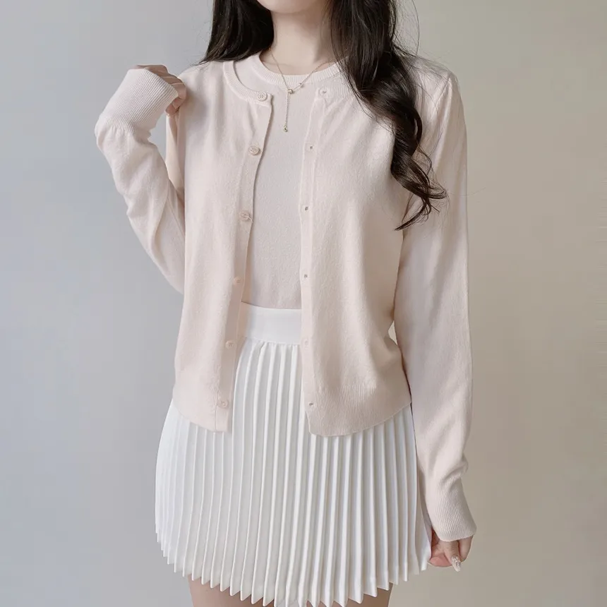 ラウンドネックベーシック半袖無地アンサンブルカーディガンニット | mirangmirang | 詳細画像3