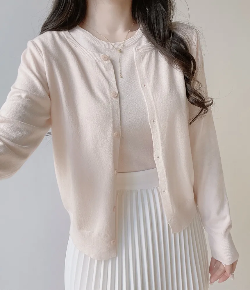 ラウンドネックベーシック半袖無地アンサンブルカーディガンニット | mirangmirang | 詳細画像4