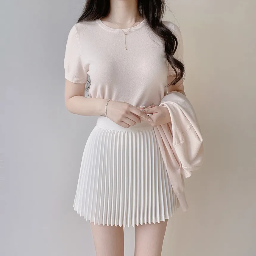 ラウンドネックベーシック半袖無地アンサンブルカーディガンニット | mirangmirang | 詳細画像7