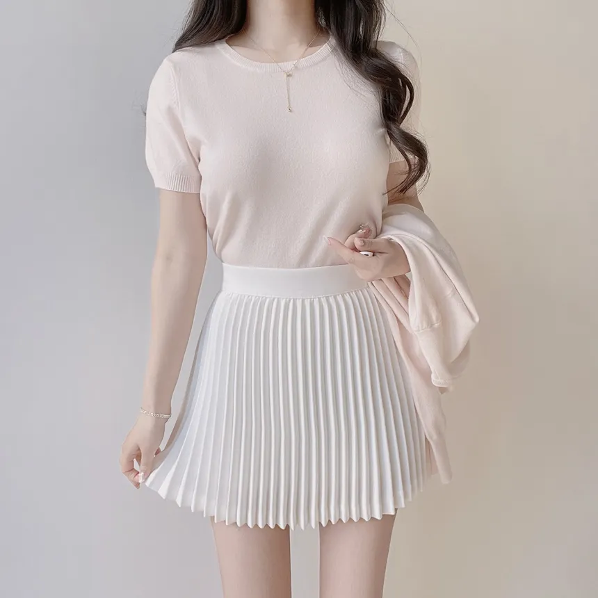 ラウンドネックベーシック半袖無地アンサンブルカーディガンニット | mirangmirang | 詳細画像8