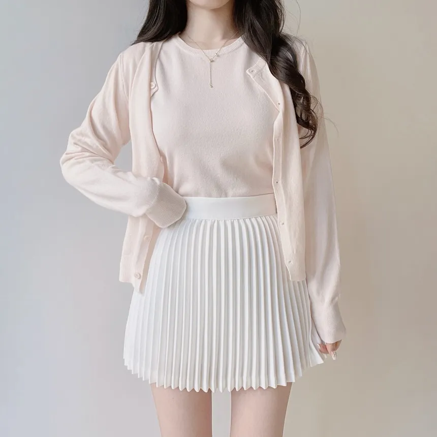 ラウンドネックベーシック半袖無地アンサンブルカーディガンニット | mirangmirang | 詳細画像12