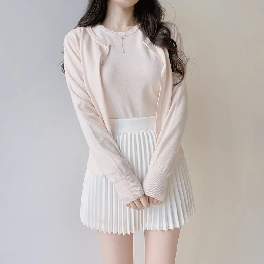 ラウンドネックベーシック半袖無地アンサンブルカーディガンニット | mirangmirang | 詳細画像13