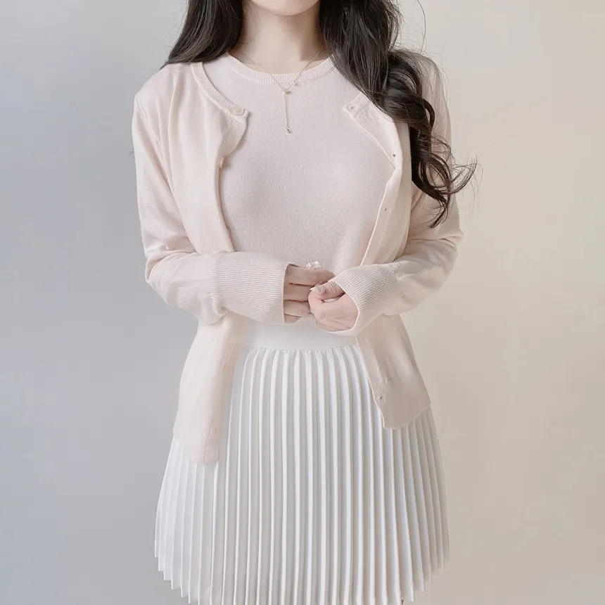 ラウンドネックベーシック半袖無地アンサンブルカーディガンニット | mirangmirang | 詳細画像14