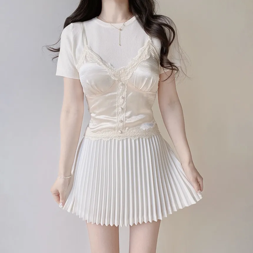 ラウンドネックベーシック半袖無地アンサンブルカーディガンニット | mirangmirang | 詳細画像19