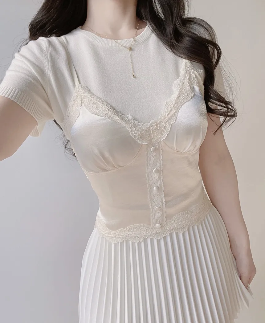 ラウンドネックベーシック半袖無地アンサンブルカーディガンニット | mirangmirang | 詳細画像23