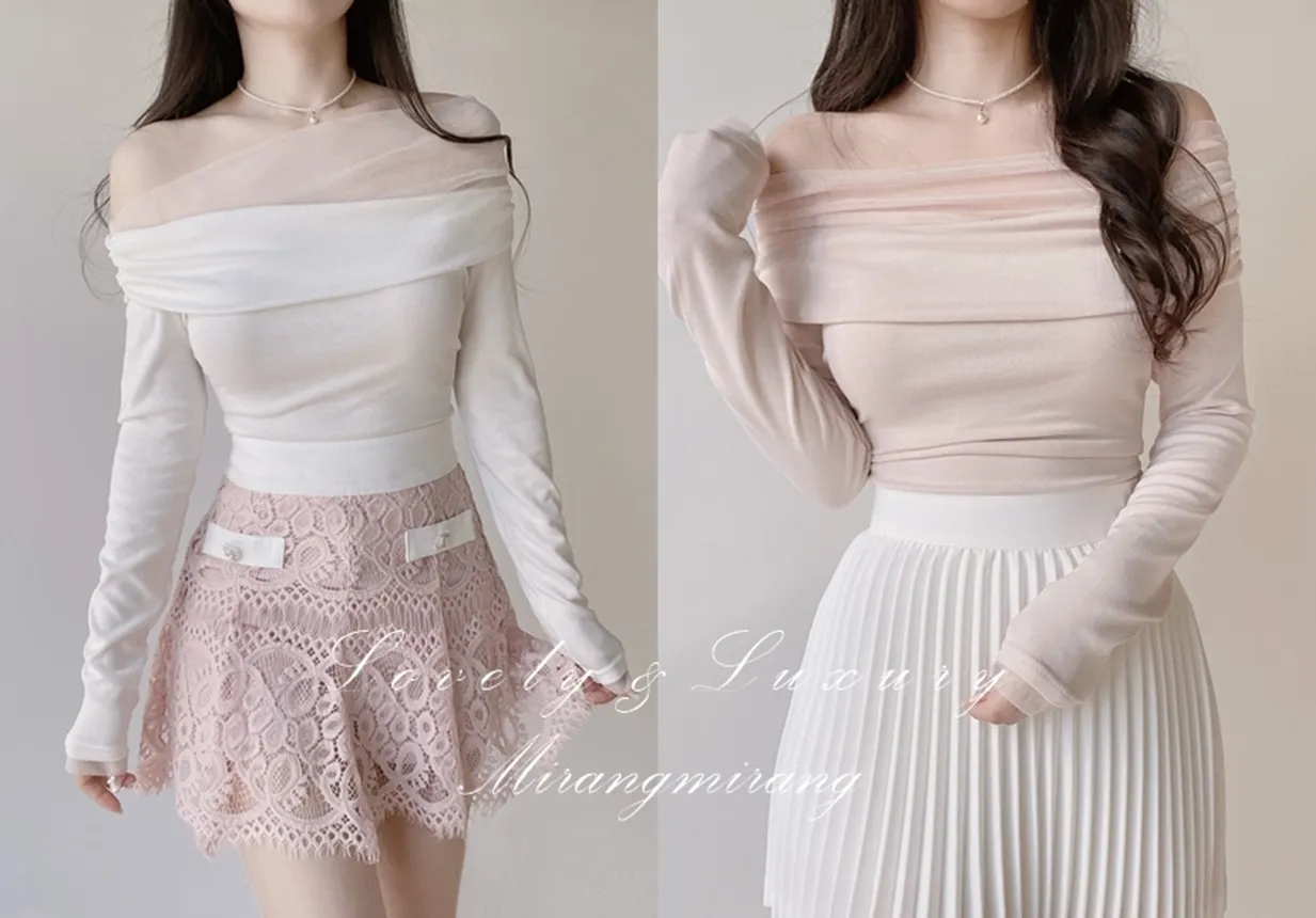 メッシュオフショルダーシャーリング長袖Tシャツ | mirangmirang | 詳細画像1