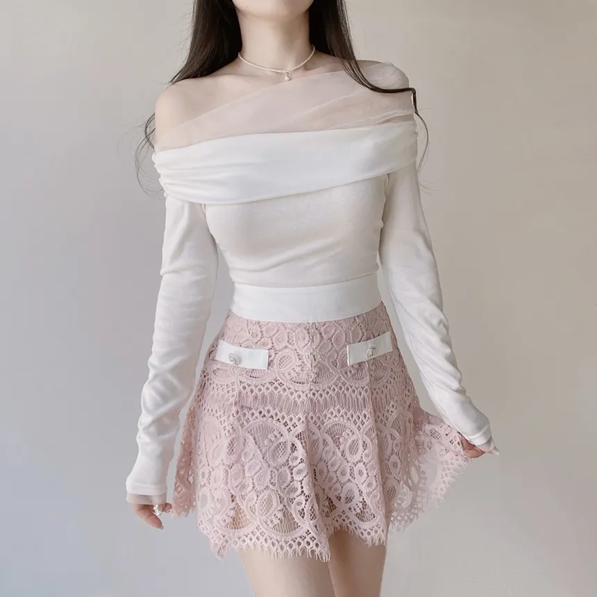 メッシュオフショルダーシャーリング長袖Tシャツ | mirangmirang | 詳細画像2