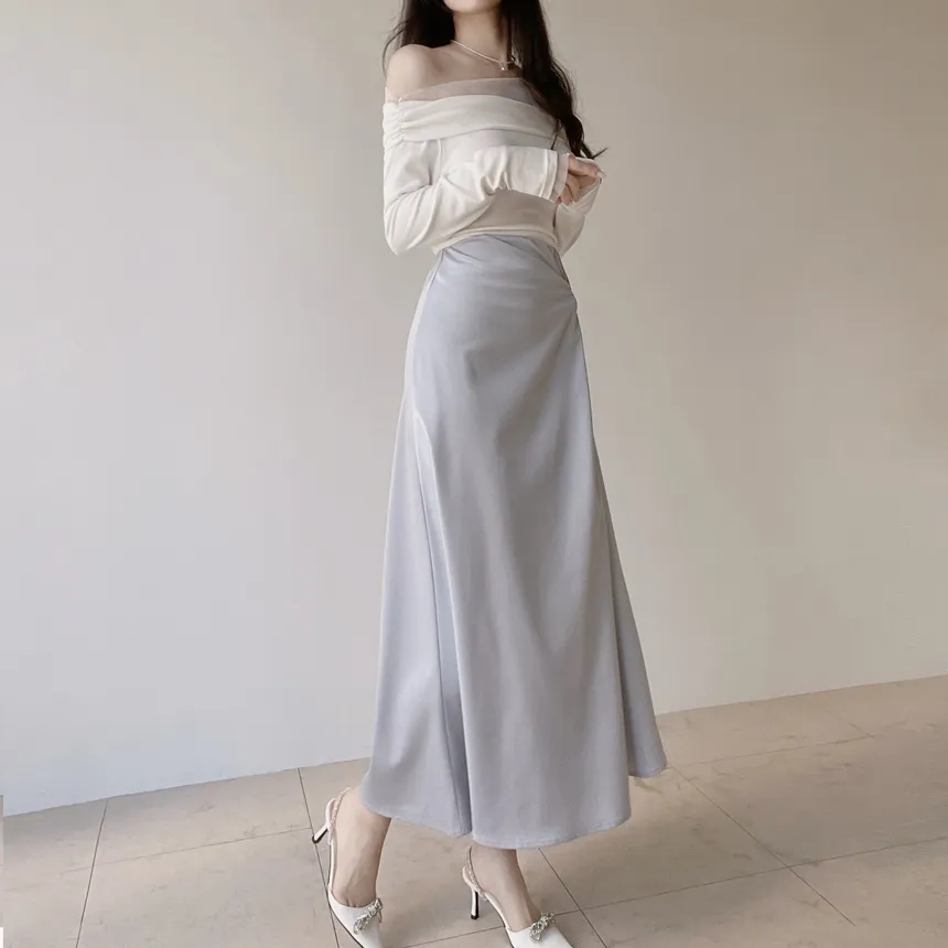 メッシュオフショルダーシャーリング長袖Tシャツ | mirangmirang | 詳細画像8