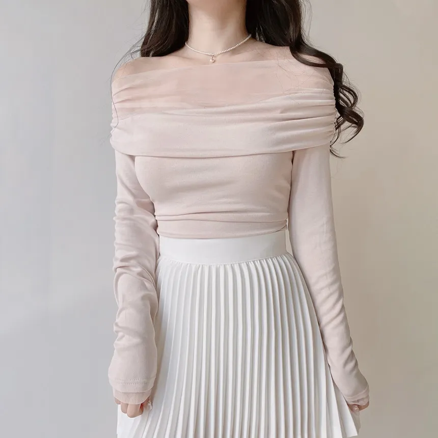 メッシュオフショルダーシャーリング長袖Tシャツ | mirangmirang | 詳細画像16