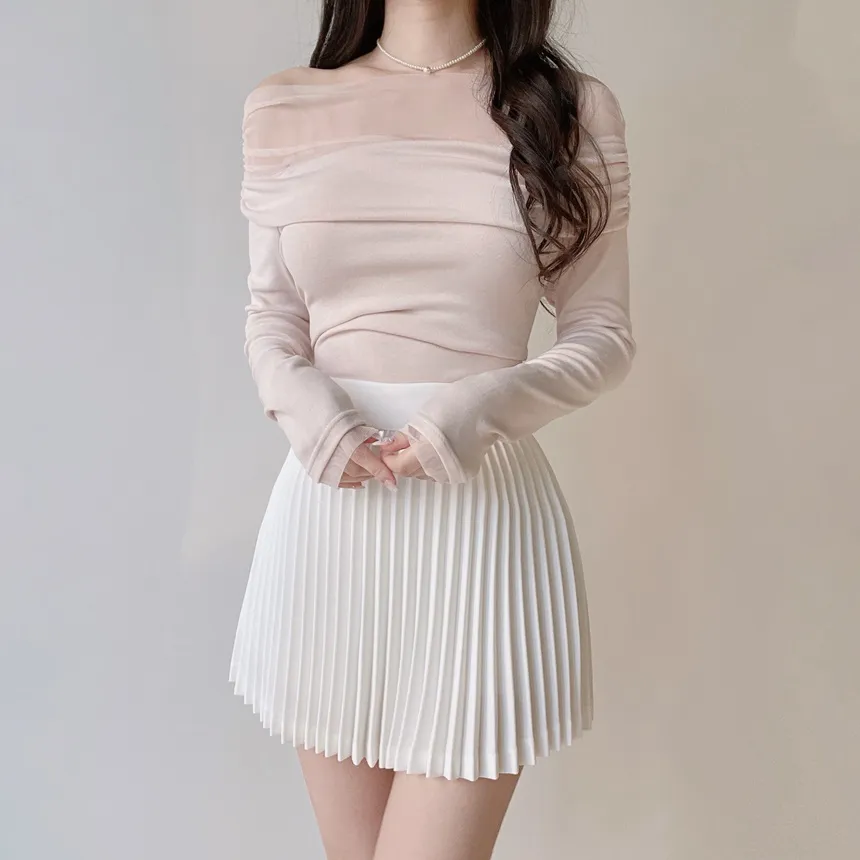 メッシュオフショルダーシャーリング長袖Tシャツ | mirangmirang | 詳細画像18