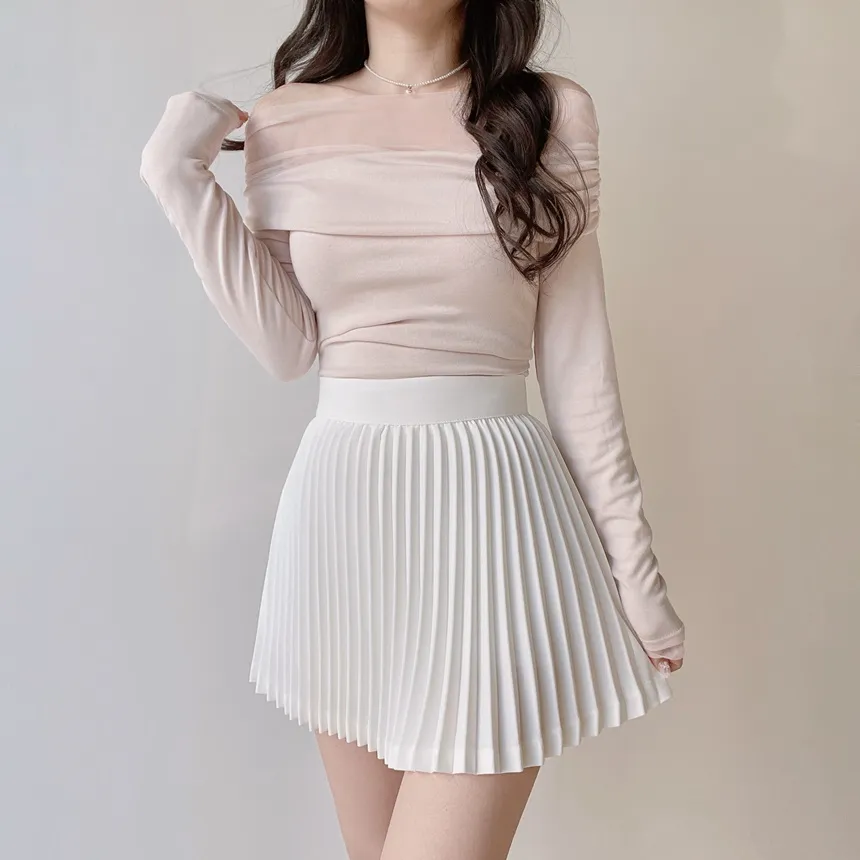 メッシュオフショルダーシャーリング長袖Tシャツ | mirangmirang | 詳細画像19